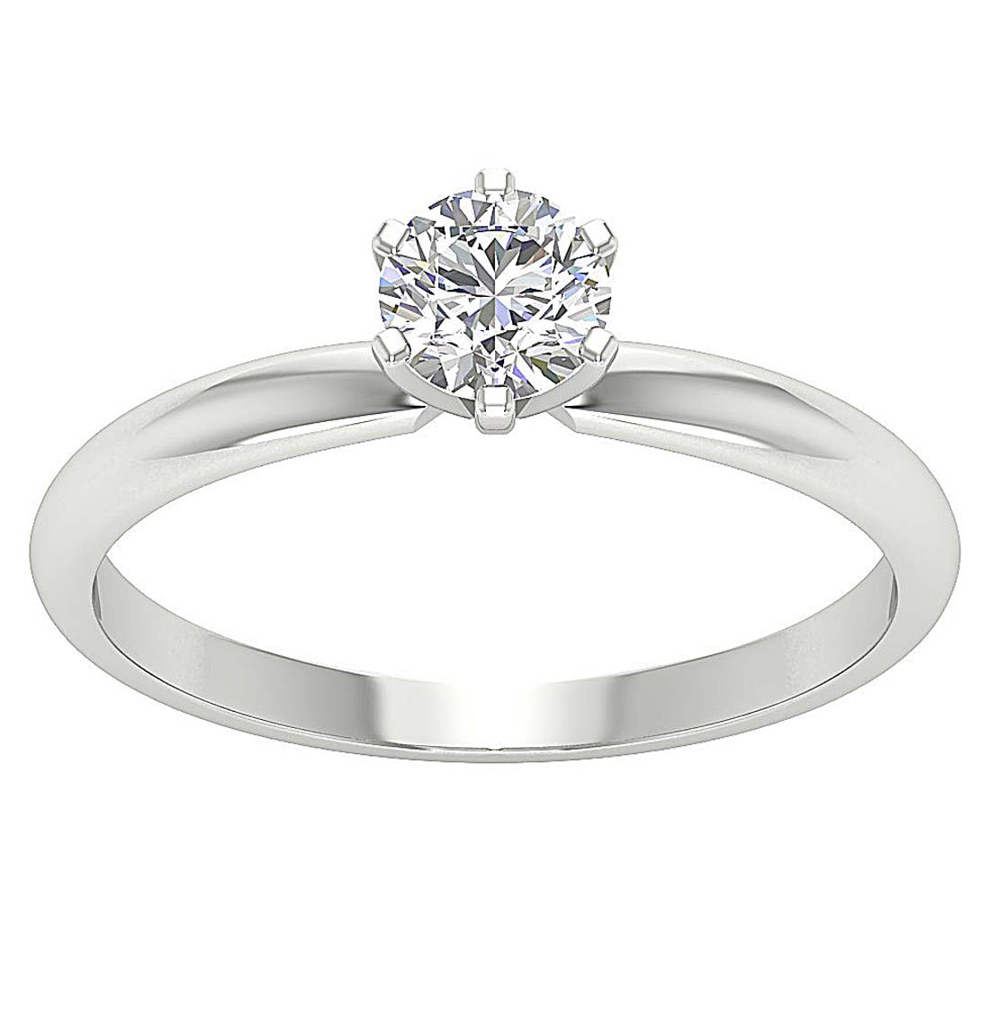 Perspective view of a round cut diamond ring with 6-prong setting.