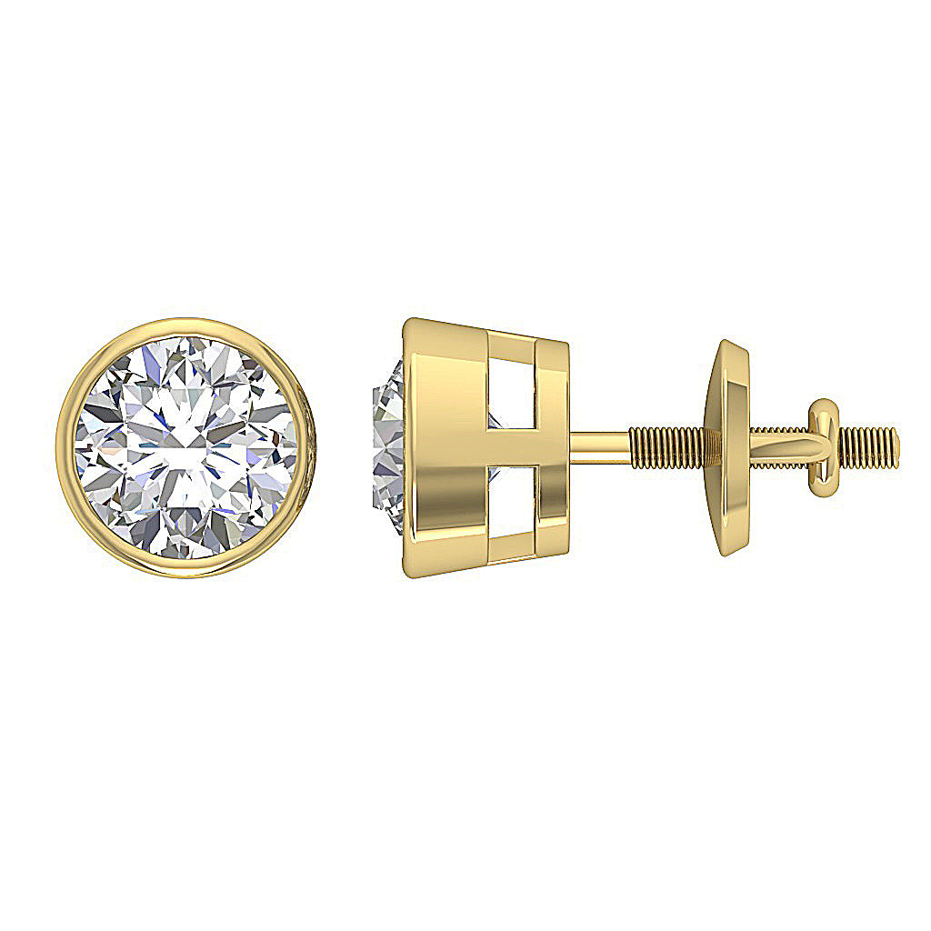 14k Yellow Gold Genuine Lab Grown Diamond Bezel Set VS F 3.00-4.00 Ct Solitaire Studs Earrings