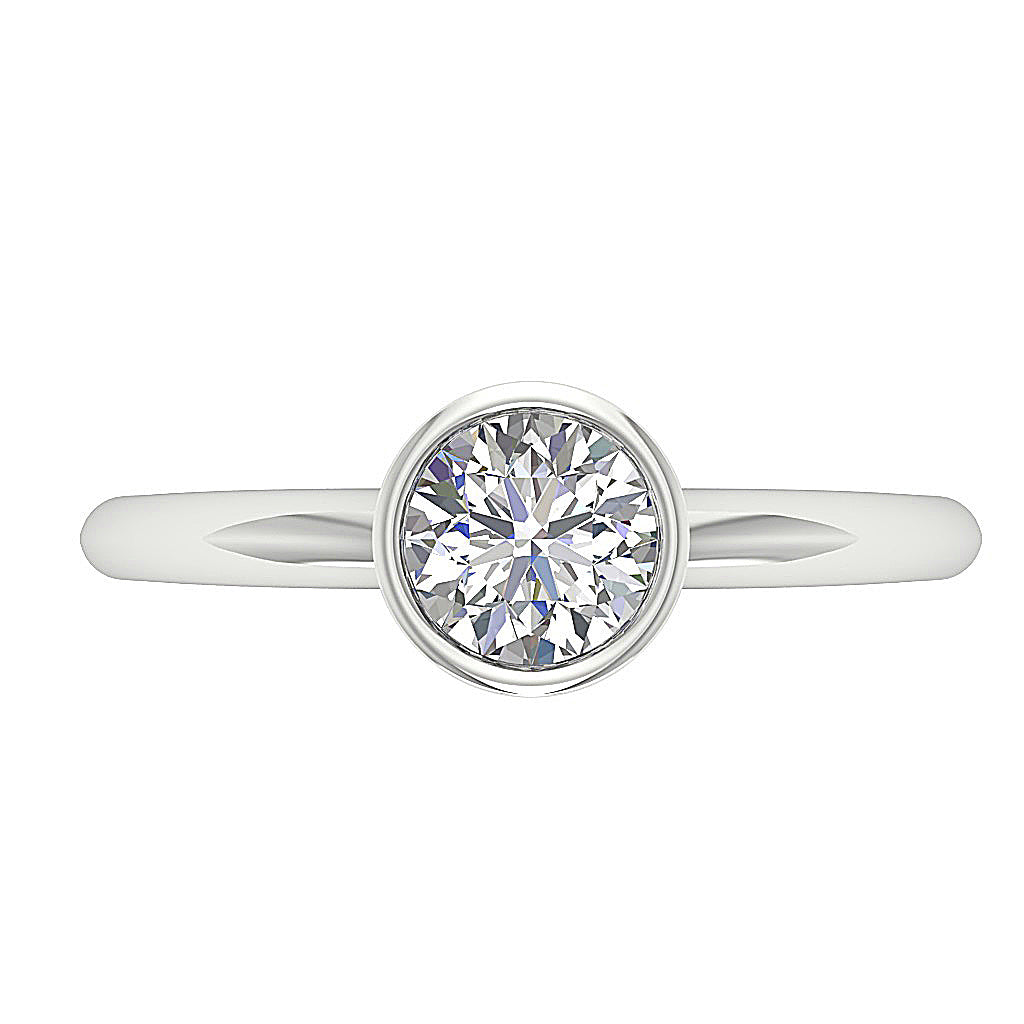 Top view of a massive 4 carat round lab grown diamond in a 14K gold bezel mount.