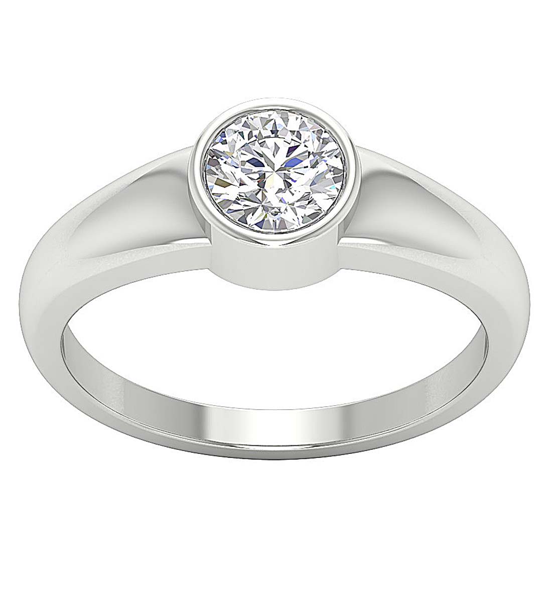 Front view of a 4.00 carat round diamond bezel set solitaire ring