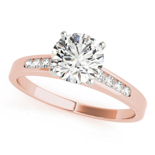 Round cut lab created diamond cathedral engagement ring on a sleek tapered channel set rose gold band