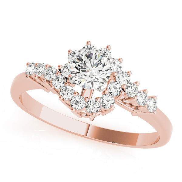 Front view of a round cut lab created diamond chevron halo bridal ring in 14K rose gold.