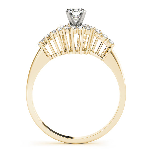 Side profile view showing the intricate multi-tier basket setting of the 14K yellow gold lab diamond ring.