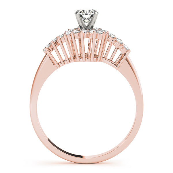 Side view of the unique architectural basket design of the 14K rose gold diamond ring.
