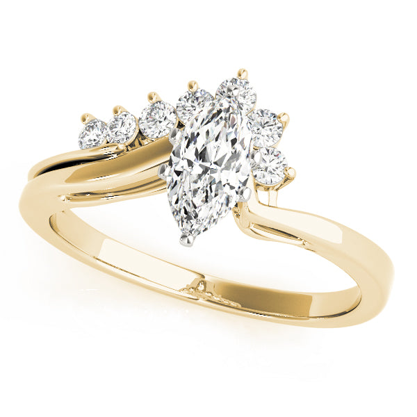 Front view of a marquise cut lab grown diamond asymmetric crown ring in 14K yellow gold.