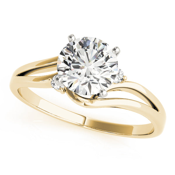 Front view of a round cut lab grown diamond bypass curved shank engagement ring in 14K yellow gold.
