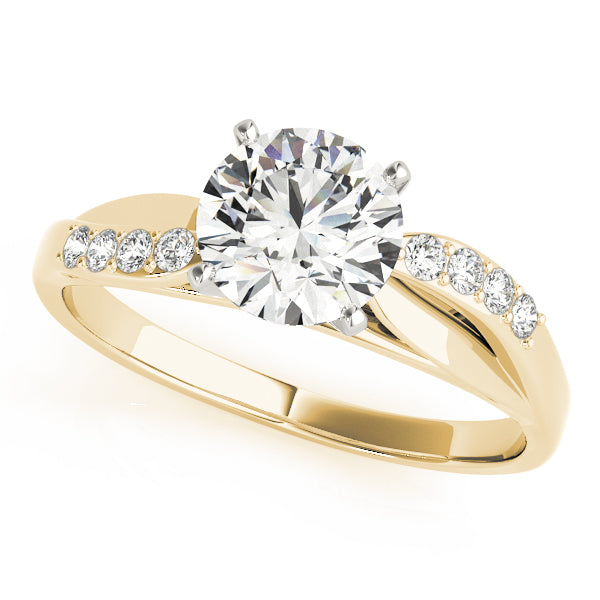 Front view of a round cut lab grown diamond twisted criss cross engagement ring in 14K yellow gold.