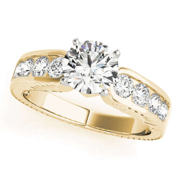 Yellow gold round lab diamond engraved engagement ring.