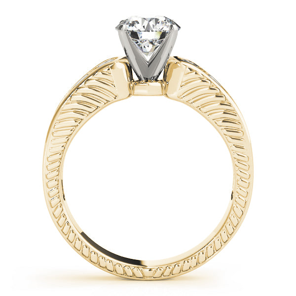 Side profile of yellow gold 14K engraved diamond ring.