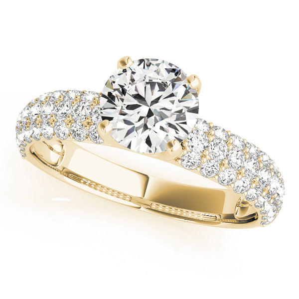 Yellow gold round lab diamond 3-row pavé engagement ring.