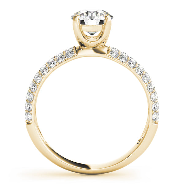 Side profile of yellow gold 14K pavé accent diamond ring.
