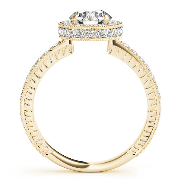Side profile of yellow gold 14K halo ring showing engraved details.