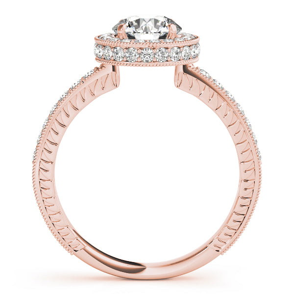 Side view of rose gold milgrain accent halo engagement ring.