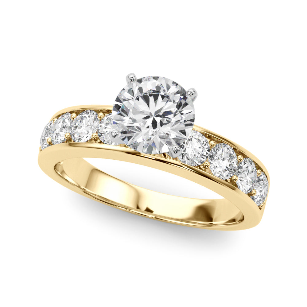 Top view of a round cut diamond engagement ring in yellow gold