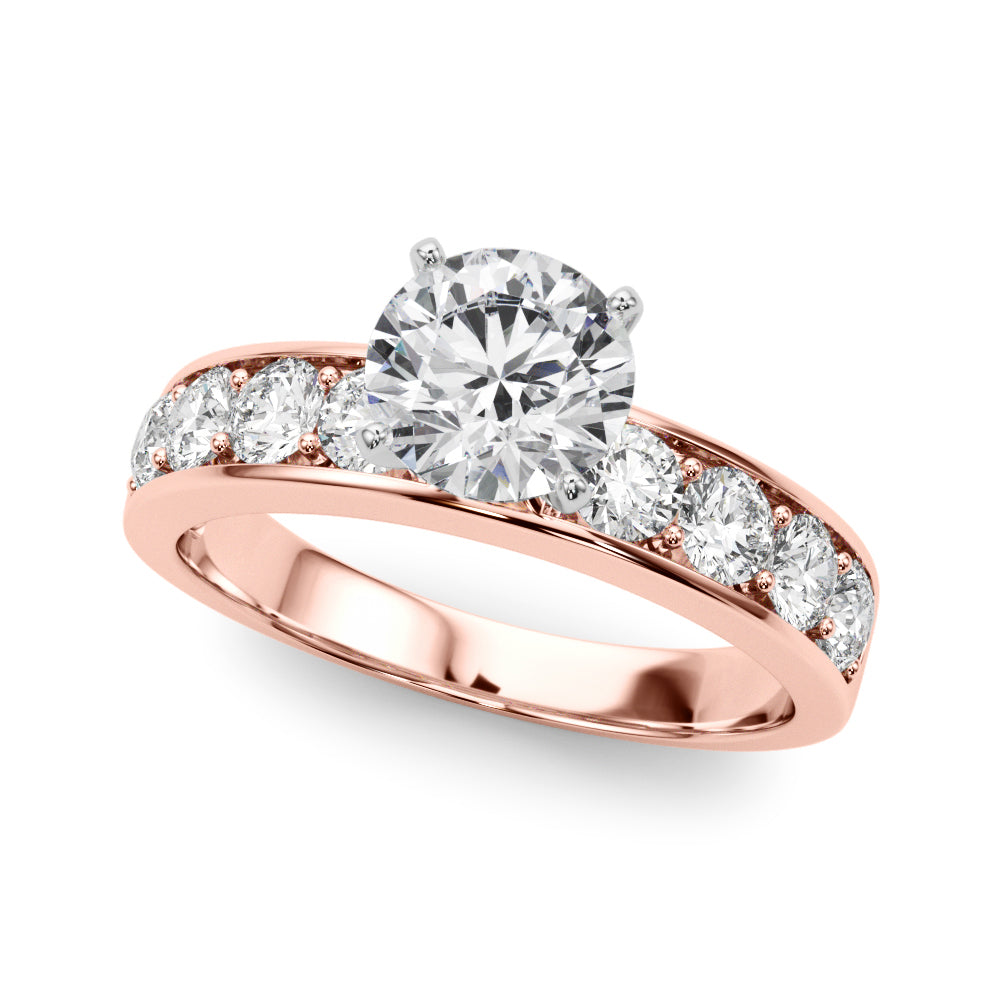 Top view of a round brilliant cut diamond engagement ring crafted in rose gold