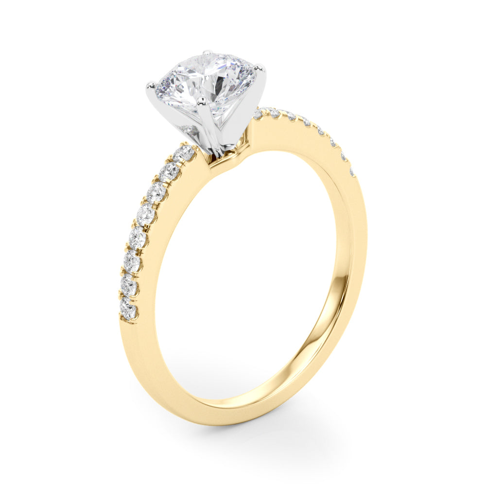 Side profile view of a yellow gold round diamond ring showing the high prong setting and diamond-lined band.