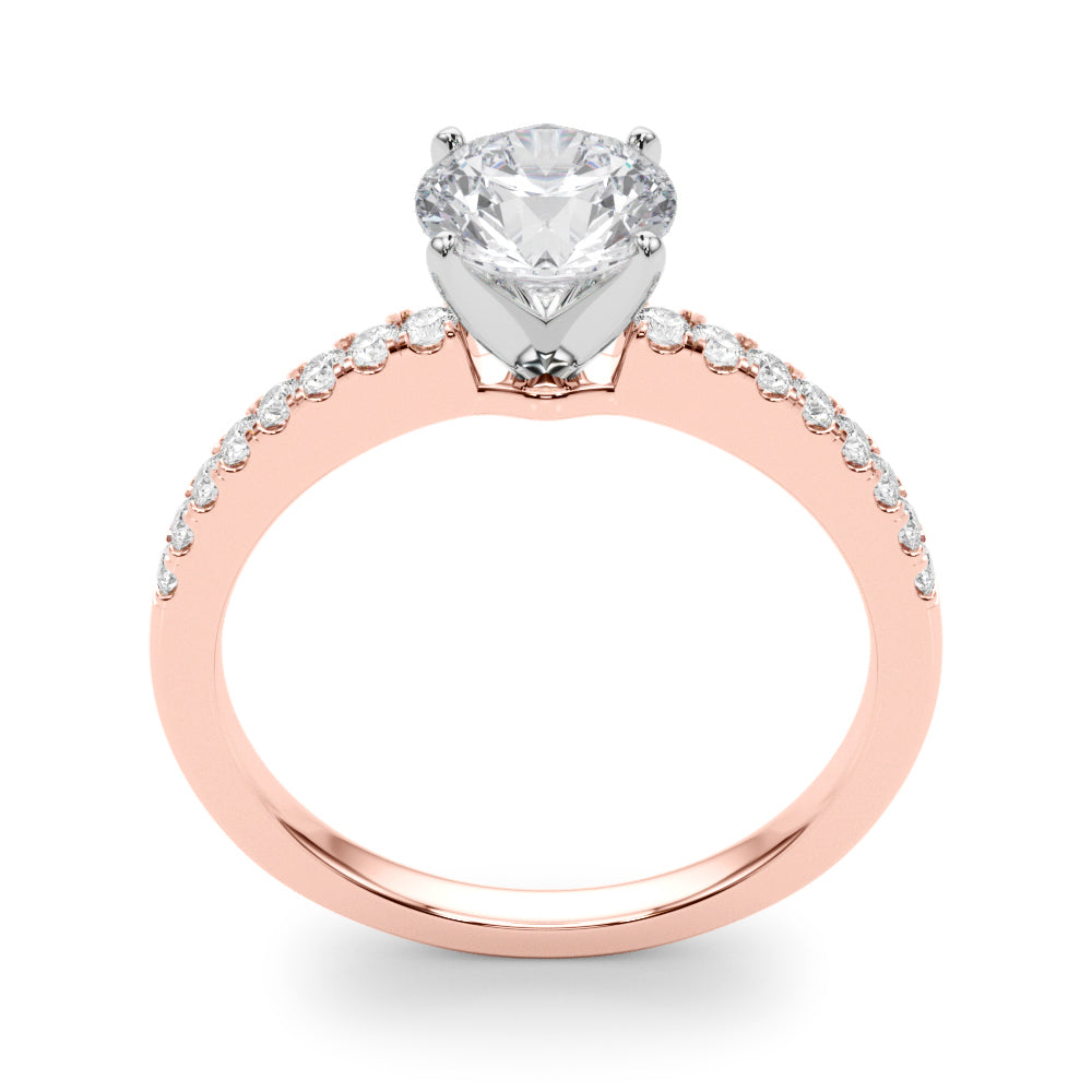 Vertical front-facing view of a rose gold round diamond ring