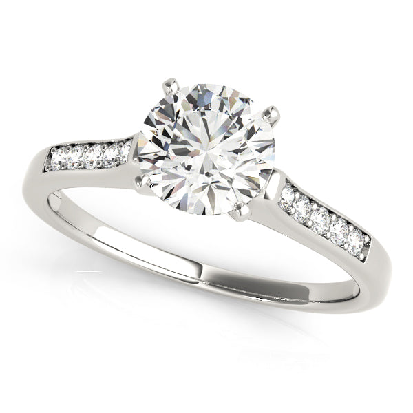 Detailed angled perspective view of a 14k white gold engagement ring