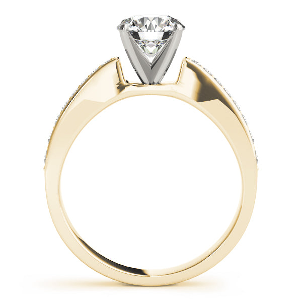 Side profile view of yellow gold round diamond ring.