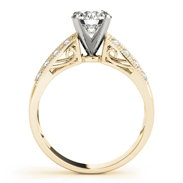 Side profile view of a 14k yellow gold vintage round diamond ring gallery.