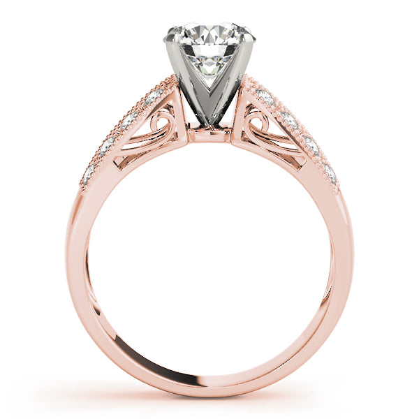 Side profile view of a 14k rose gold vintage round diamond ring setting.