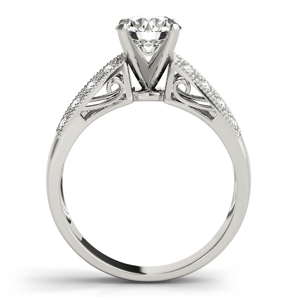 Side profile view of a 14k white gold vintage round diamond ring architecture.