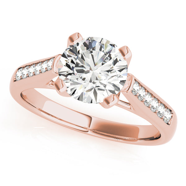 Elegant 14k rose gold bridal ring displaying a brilliant round center stone