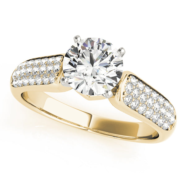 Three-quarter view of a round lab grown diamond engagement ring