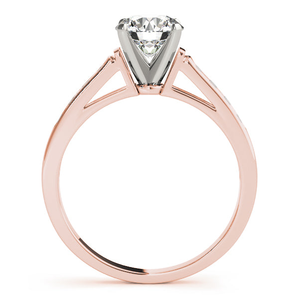 14k rose gold ring showing the crisp triangular openings under the high-set center diamond gallery