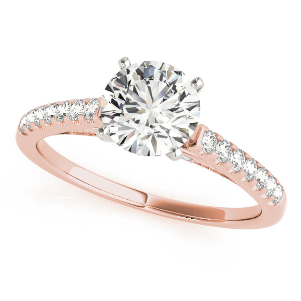 Rose gold round diamond engagement ring top angle.