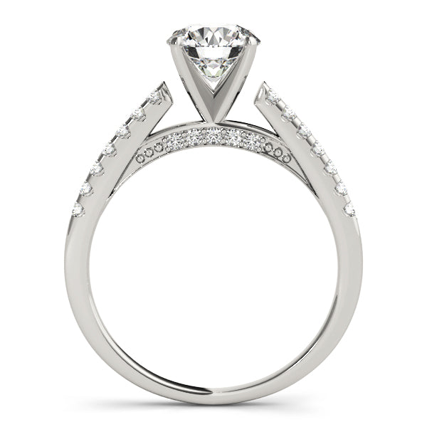 Four prong cathedral setting white gold ring side view.