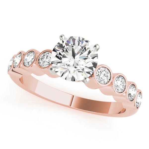 Rose gold bezel set accent diamond engagement ring top view.