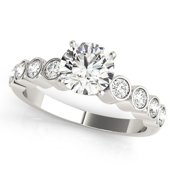 White gold brilliant round diamond ring scalloped band angle.