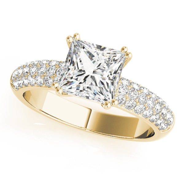 Top angled view of princess cut lab grown diamond dome pave ring in 14K yellow gold.