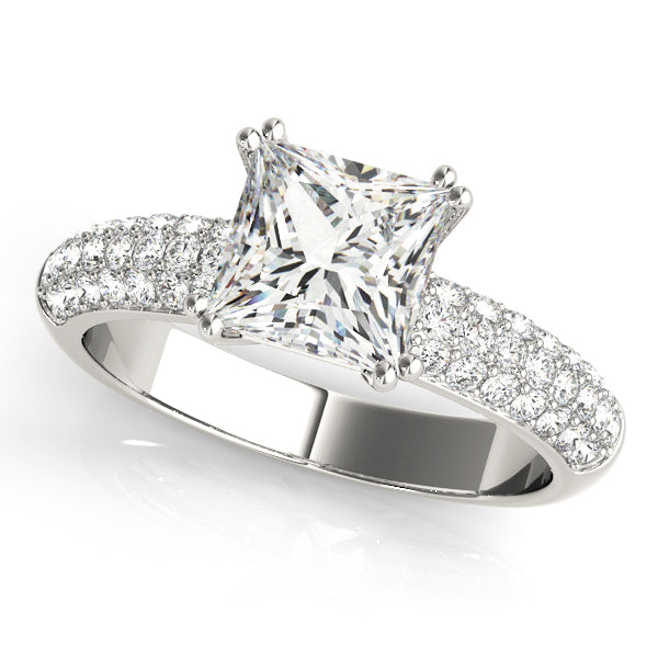 Elegant princess cut lab created diamond three-row micro-pave ring in 14K white gold.