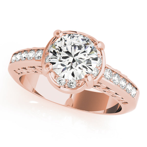 14k rose gold round lab grown diamond halo ring front angle view.