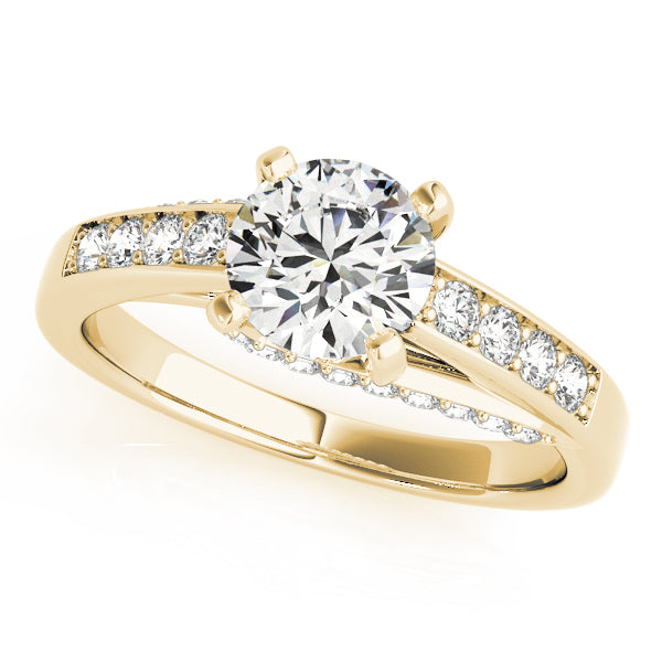 Yellow gold round lab diamond ring top perspective view.