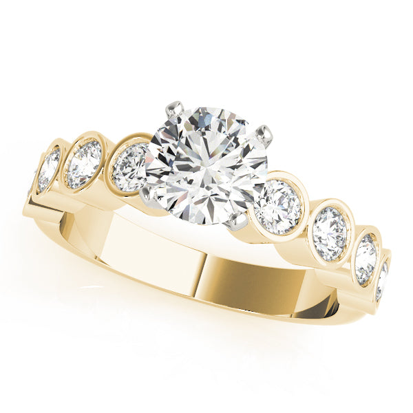 Yellow gold round lab diamond prong ring with bezel side diamond