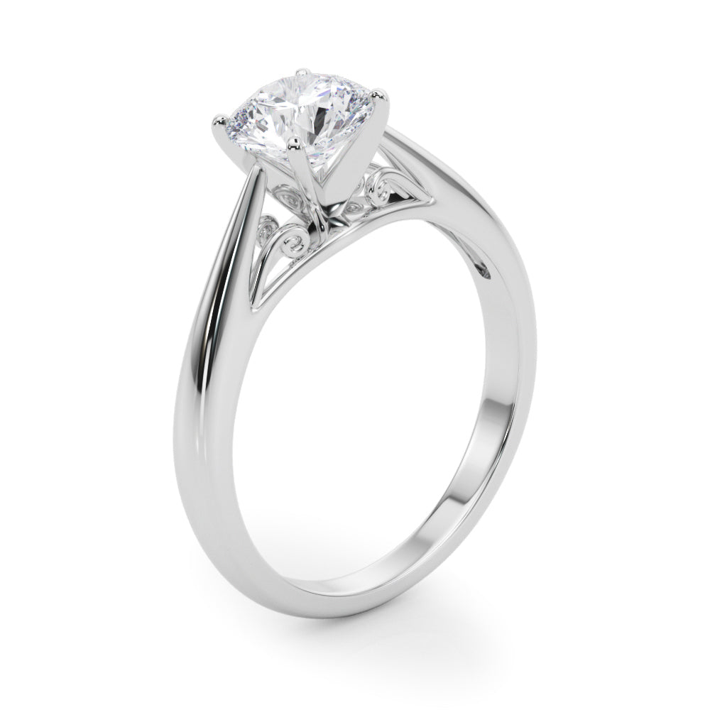 Perspective view of white gold plain band diamond solitaire ring.