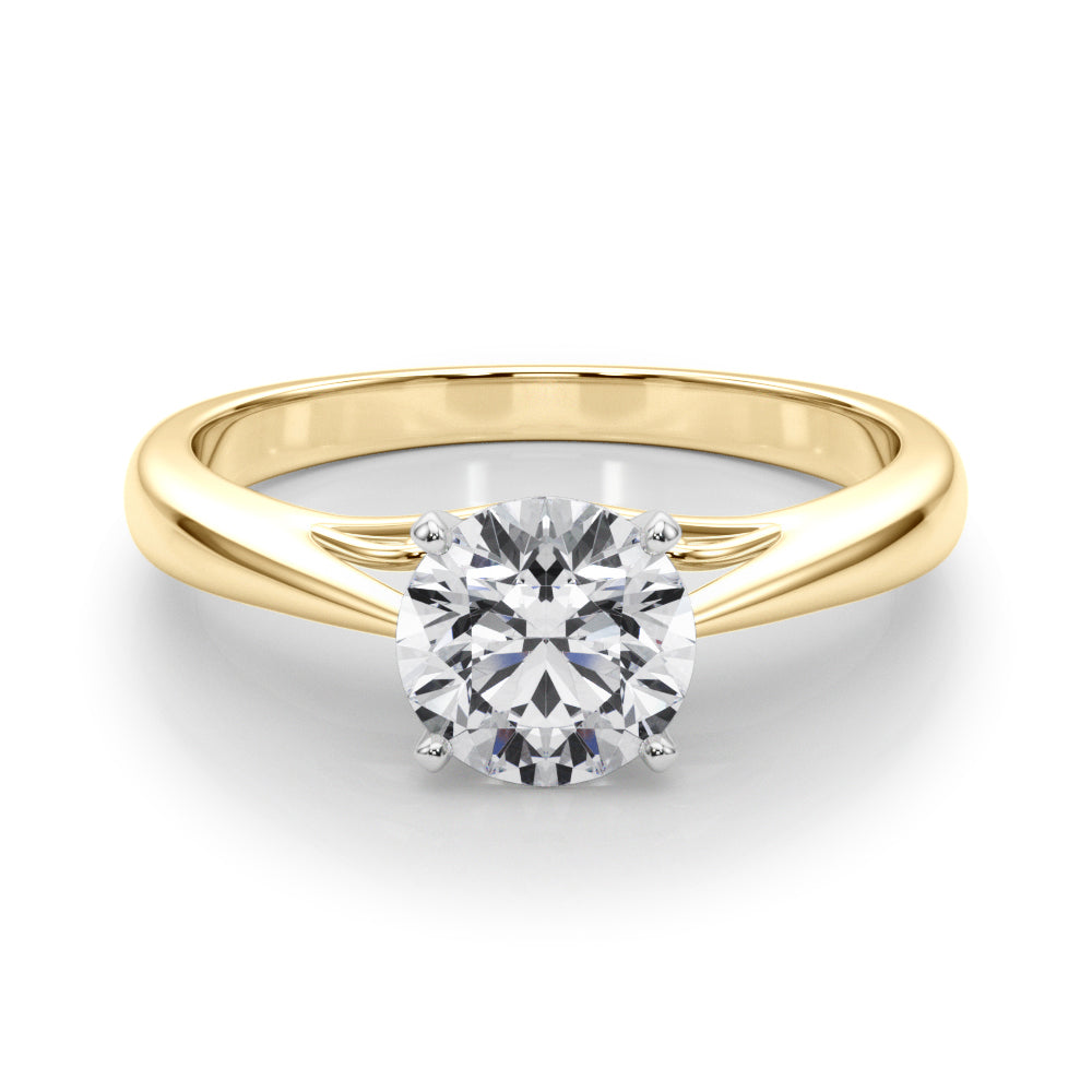 Front view of yellow gold round diamond solitaire ring with cathedral band.