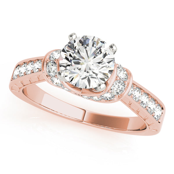 Rose gold round diamond ring featuring unique halo side curves.