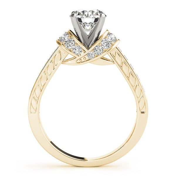 Side profile of yellow gold ring showing criss-cross bypass basket