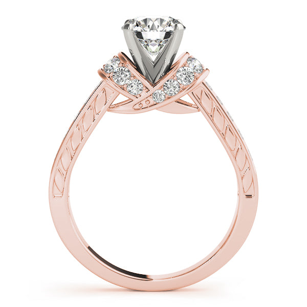 Side view of rose gold ring highlighting vintage wheat engraved shank.