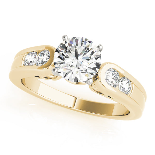 Front view of round lab grown diamond engagement ring in 14K yellow gold