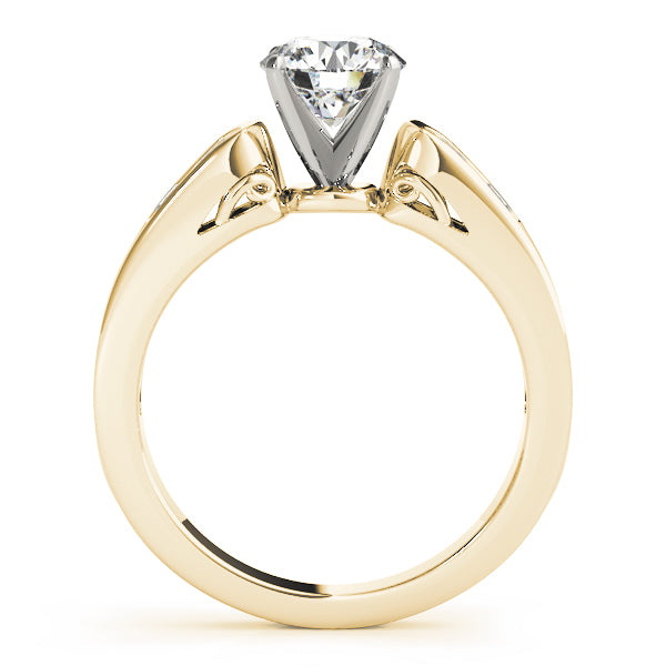 Side profile view of 14K yellow gold lab diamond ring showing filigree detail