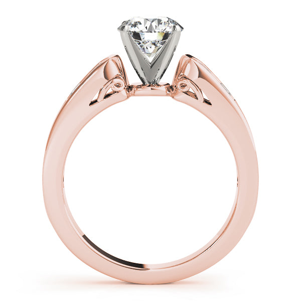 Side view of 14K rose gold engagement ring with cathedral setting and lab diamond