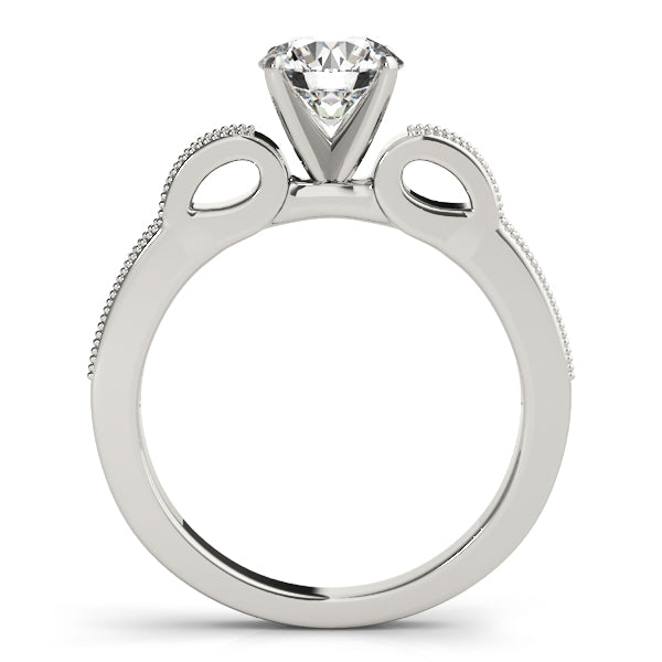 Side profile of white gold lab grown diamond ring with designer side scroll work