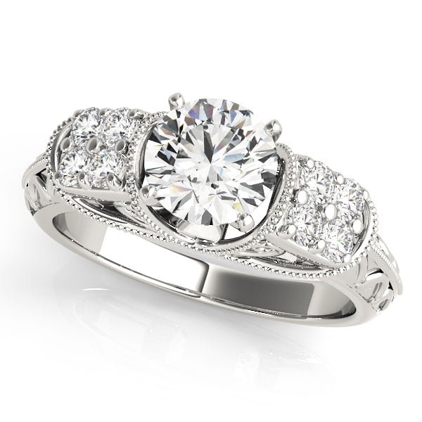 Front angle of brilliant round cut lab diamond ring with scroll work in 14K white gold