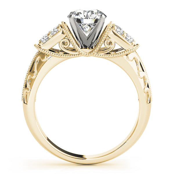 Side profile view of 14K yellow gold lab diamond ring showing detailed filigree gallery