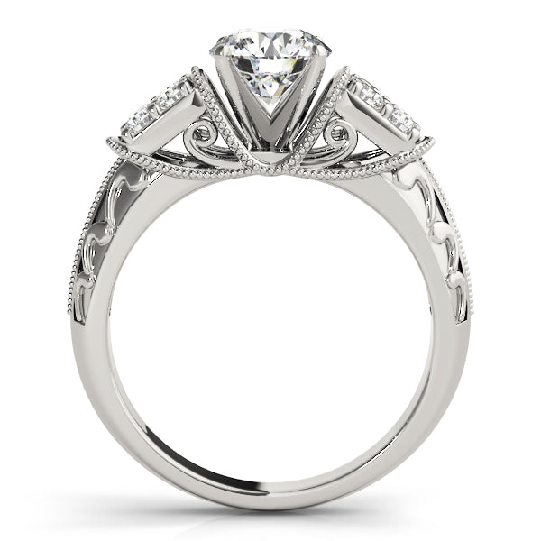 Side profile of white gold lab grown diamond ring with intricate antique scroll design